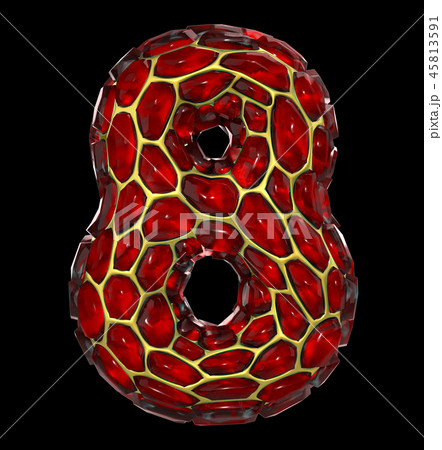 Number 8 eight made of golden shining metallic 3D with red glass isolated on black background. 45813591