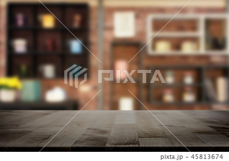 Wooden board empty Table Top And Blur Interior over blur in coff Wooden board empty Table Top And Blur Interior over blur in coff 45813674