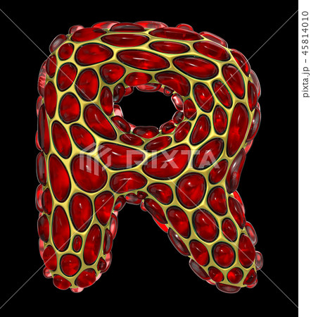 Golden shining metallic 3D with red glass symbol capital letter R - uppercase isolated on black 45814010