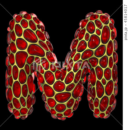 Golden shining metallic 3D with red glass symbol capital letter M - uppercase isolated on black 45814017