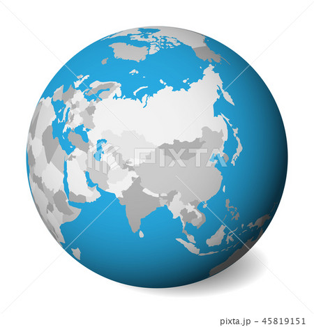 Blank political map of Asia. 3D Earth globe with blue water and grey lands. Vector illustration 45819151