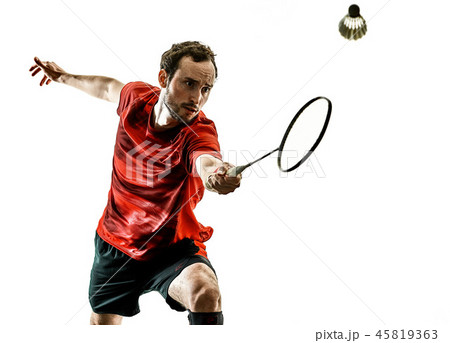 Badminton player man shadow silhouette isolated white backgroun 45819363