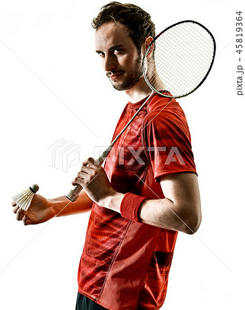 Badminton player man shadow silhouette isolated white backgroun 45819364