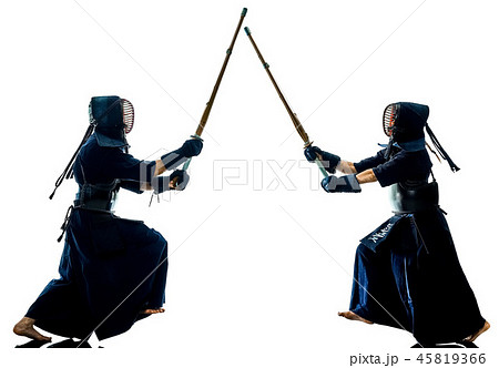 Kendo martial arts fighters silhouette isolated white bacground Kendo martial arts fighters silhouette isolated white bacground 45819366