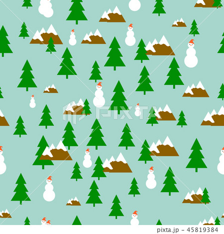 Pattern of green fir tree, white snowman in red hat and mountains on a blue background Pattern of green fir tree, white snowman in red hat and mountains on a blue background 45819384