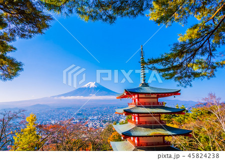 Beautiful landscape of mountain fuji with chureito pagoda around maple leaf tree in autumn season 45824238