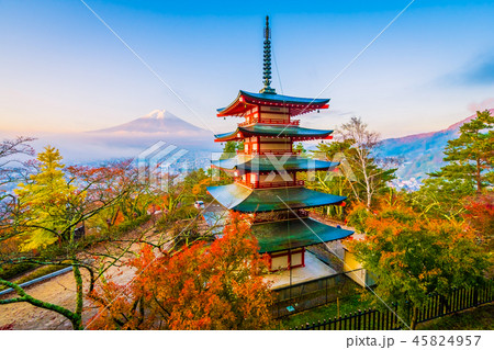 Beautiful landscape of mountain fuji with chureito pagoda around maple leaf tree in autumn season Beautiful landscape of mountain fuji with chureito pagoda around maple leaf tree in autumn season 45824957
