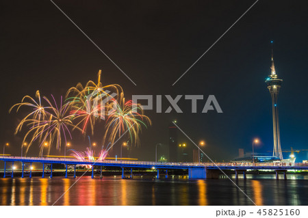 Beautiful firework with macau tower is landmark of macau city Beautiful firework with macau tower is landmark of macau city 45825160
