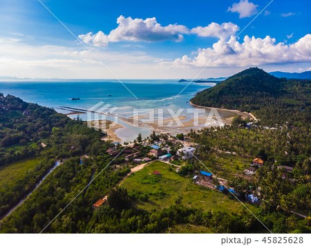 Aerial view of beautiful tropical beach and sea with palm and other tree in koh samui island Aerial view of beautiful tropical beach and sea with palm and other tree in koh samui island 45825628