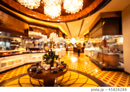 Abstract blur and defocused breakfast buffet in hotel restaurant and coffee shop cafe interior Abstract blur and defocused breakfast buffet in hotel restaurant and coffee shop cafe interior 45826289
