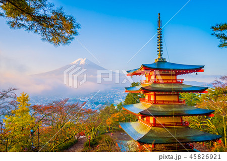 Beautiful landscape of mountain fuji with chureito pagoda around maple leaf tree in autumn season Beautiful landscape of mountain fuji with chureito pagoda around maple leaf tree in autumn season 45826921