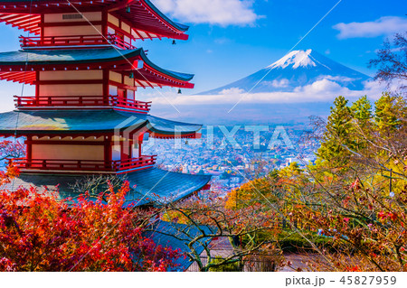 Beautiful landscape of mountain fuji with chureito pagoda around maple leaf tree in autumn season Beautiful landscape of mountain fuji with chureito pagoda around maple leaf tree in autumn season 45827959
