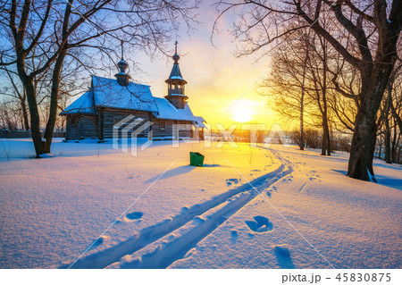 Russian church in winter forest 45830875