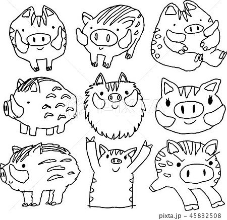 猪 かわいい 落書き 線画のイラスト素材 45832508 Pixta