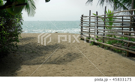 Bamboo pole fence on a tropical island. white sandy beach with palm-lined shore. Bamboo pole fence on a tropical island. white sandy beach with palm-lined shore. 45833175