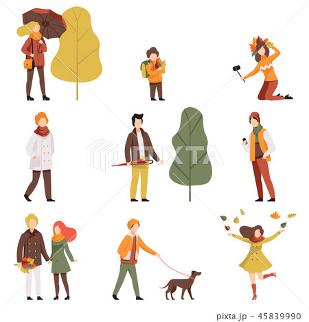 People in warm autumn clothes set, young men and women dressed in outwear casual clothes walking 45839990