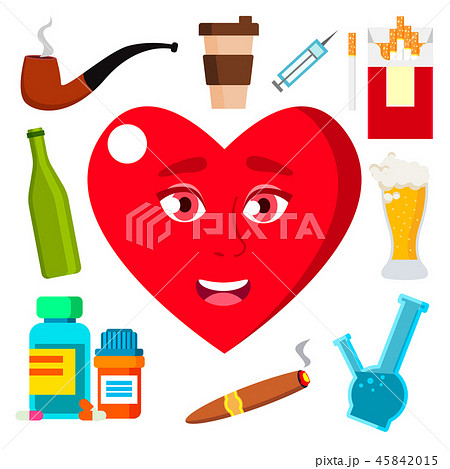 Health Concept, Heart Surrounded By Cigarettes, Alcohol, Medicine And Coffee Vector. Isolated Health Concept, Heart Surrounded By Cigarettes, Alcohol, Medicine And Coffee Vector. Isolated 45842015