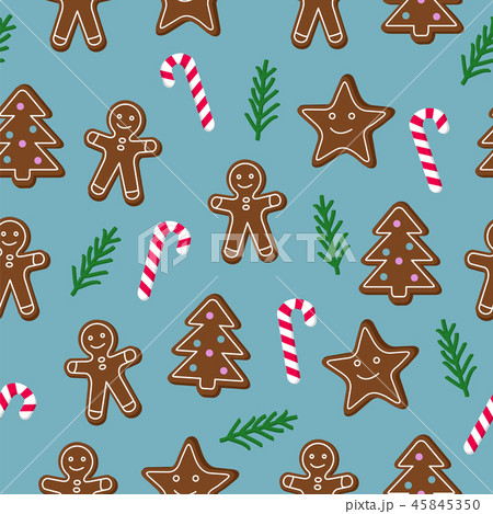 Christmas seamless pattern. Brown gingerbread man and Christmas Tree and star cookies with lolipop 45845350