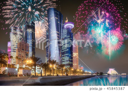 Beautiful fireworks above park in Doha City Center Beautiful fireworks above park in Doha City Center 45845387