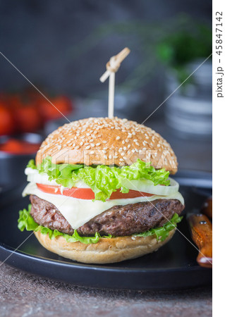 Hamburger with beef meat 45847142
