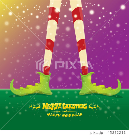 vector creative merry christmas greeting card with cartoon elfs legs, elf shoes and christmas 45852211