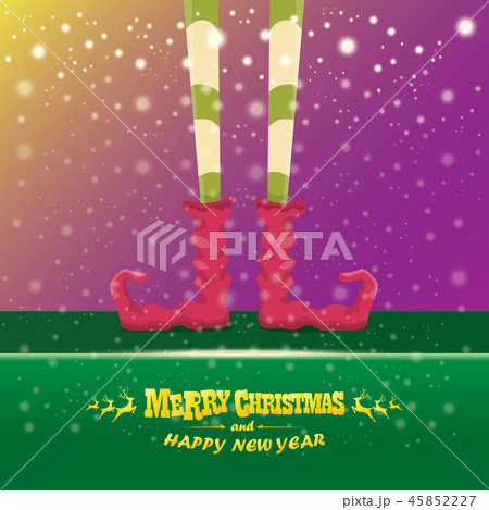vector creative merry christmas greeting card with cartoon elfs legs, elf shoes and christmas 45852227