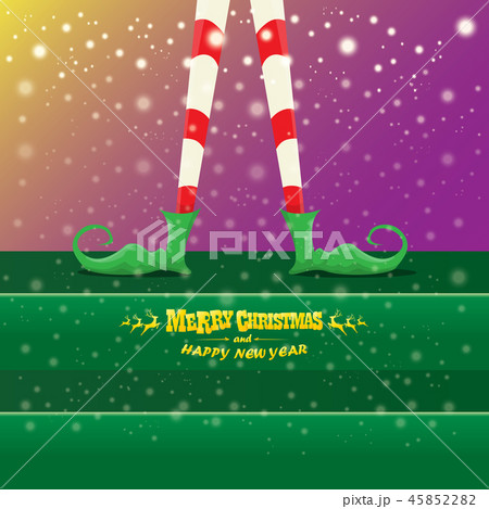 vector creative merry christmas greeting card with cartoon elfs legs, elf shoes and christmas 45852282