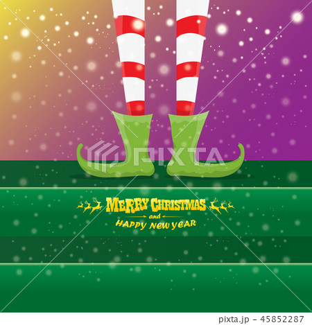 vector creative merry christmas greeting card with cartoon elfs legs, elf shoes and christmas 45852287
