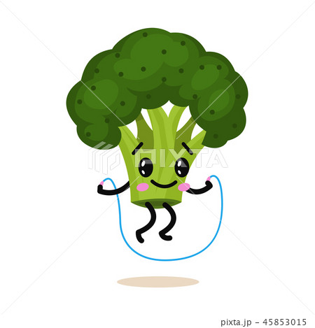 Sports vegetable character. Cute healthy fruit and funny face. Happy food green broccoli. Jumping 45853015
