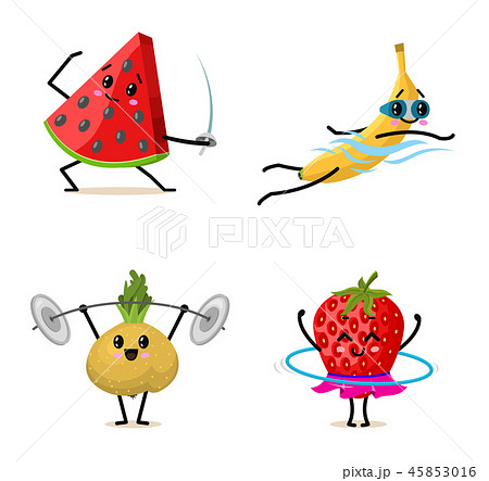 Sports fruit characters. Set of Cute healthy vegetables and funny fberries workout doing exercises 45853016