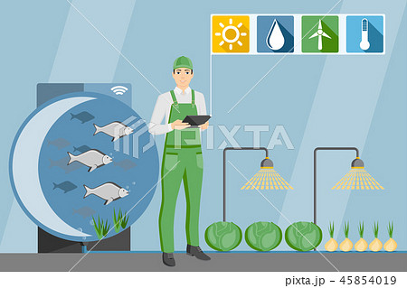 Farmer in the greenhouse with aquaponics system Farmer in the greenhouse with aquaponics system 45854019