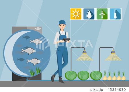 Farmer in the greenhouse with aquaponics system Farmer in the greenhouse with aquaponics system 45854030