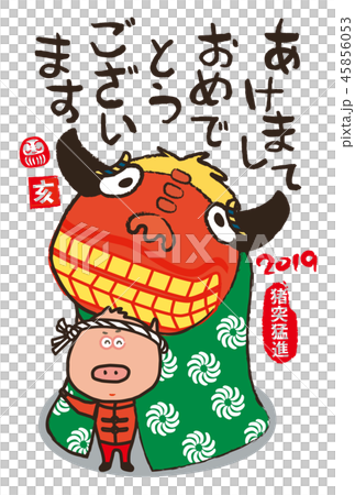 獅子舞年賀状　cute pig & shishimai in greeting card  45856053