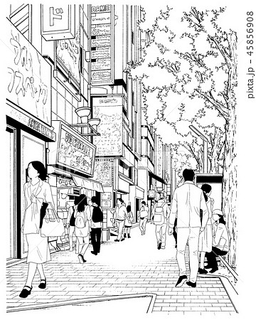 漫画風ペン画イラスト 繁華街のイラスト素材