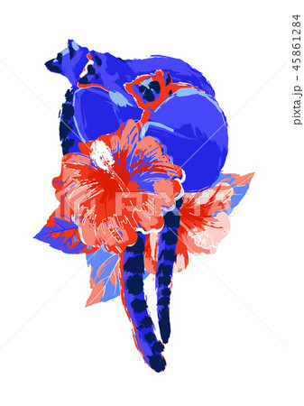 Abstract vector design of three wild lemurs sitting on the hibiscus flowers 45861284