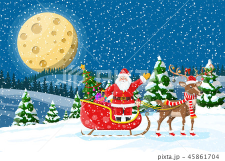 Christmas santa claus rides reindeer sleigh. 45861704