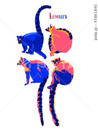 Collection of wild lemurs drawn in the technique of rough brush in vibrant colors 45861840