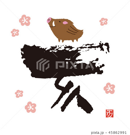 亥年　干支の筆文字と猪のイラスト 45862991