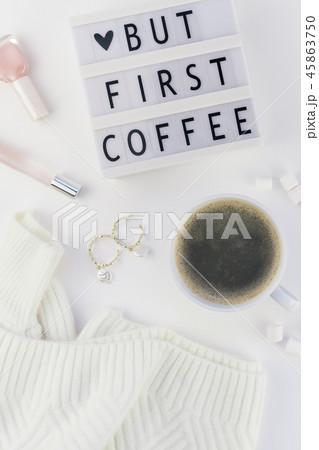 But first coffee text on lightbox with Coffee Cup 45863750