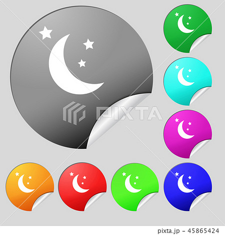 moon icon sign. Set of eight multi colored round b 45865424
