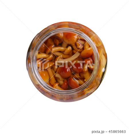 Pot with pickled honey agaric isolated on white 45865663