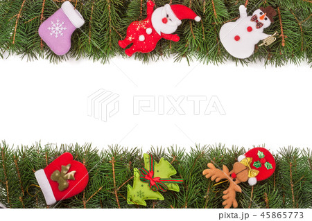 Christmas frame made of fir branches decorated with Snowman and Santa Claus isolated on white 45865773