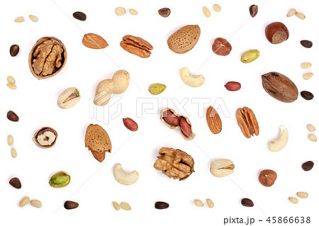 mix of different nuts isolated on white background, Flat lay pattern, Top view mix of different nuts isolated on white background, Flat lay pattern, Top view 45866638