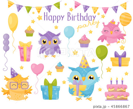 Cute colorful owlets, design elements for Birthday party can be used for birthday cards, invitations 45866867