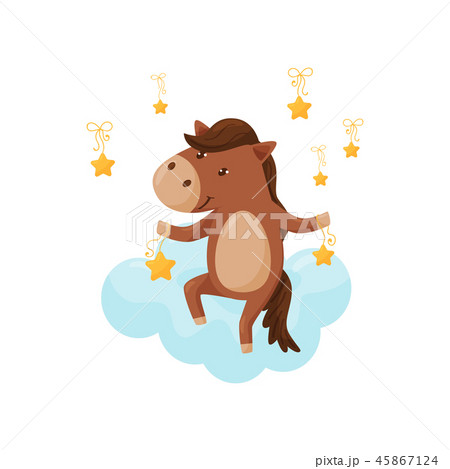 Cute little foal sleeping on a cloud, lovely animal cartoon character, good night design element 45867124