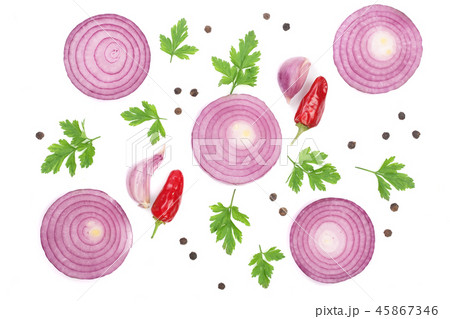 onion, garlic, hot pepper parsley and dill isolated on white background. Top view. Flat lay pattern onion, garlic, hot pepper parsley and dill isolated on white background. Top view. Flat lay pattern 45867346
