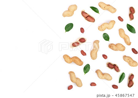 Peanuts with shells isolated on white background with copy space for your text, top view. Flat lay Peanuts with shells isolated on white background with copy space for your text, top view. Flat lay 45867547