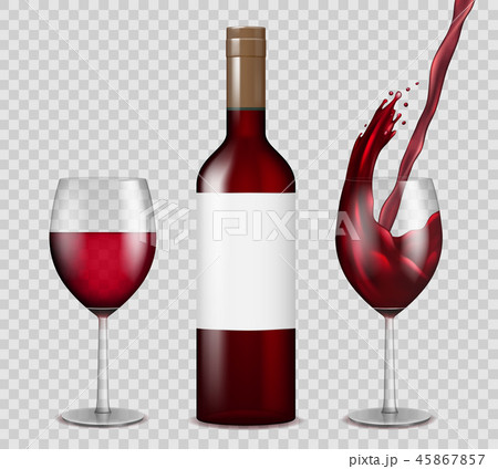 Transparent wine bottle and wineglasses mockup. red wine splash in bottle and glasses isolated 45867857