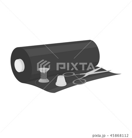 A roll of sewing fabric, scissors, a thimble and a thread coil. Sewing and equipment single icon in A roll of sewing fabric, scissors, a thimble and a thread coil. Sewing and equipment single icon in 45868112