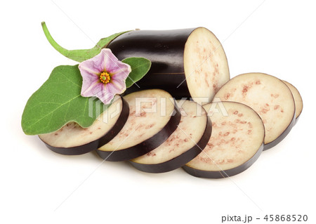 sliced eggplant or aubergine vegetable with flower isolated on white background 45868520